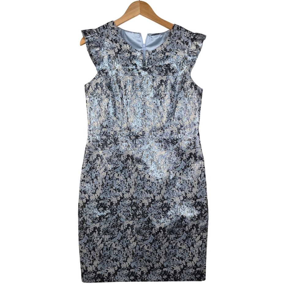 Elie Tahari Stefana Metallic Floral Print Sheath Dress size 10 Blue/Silver